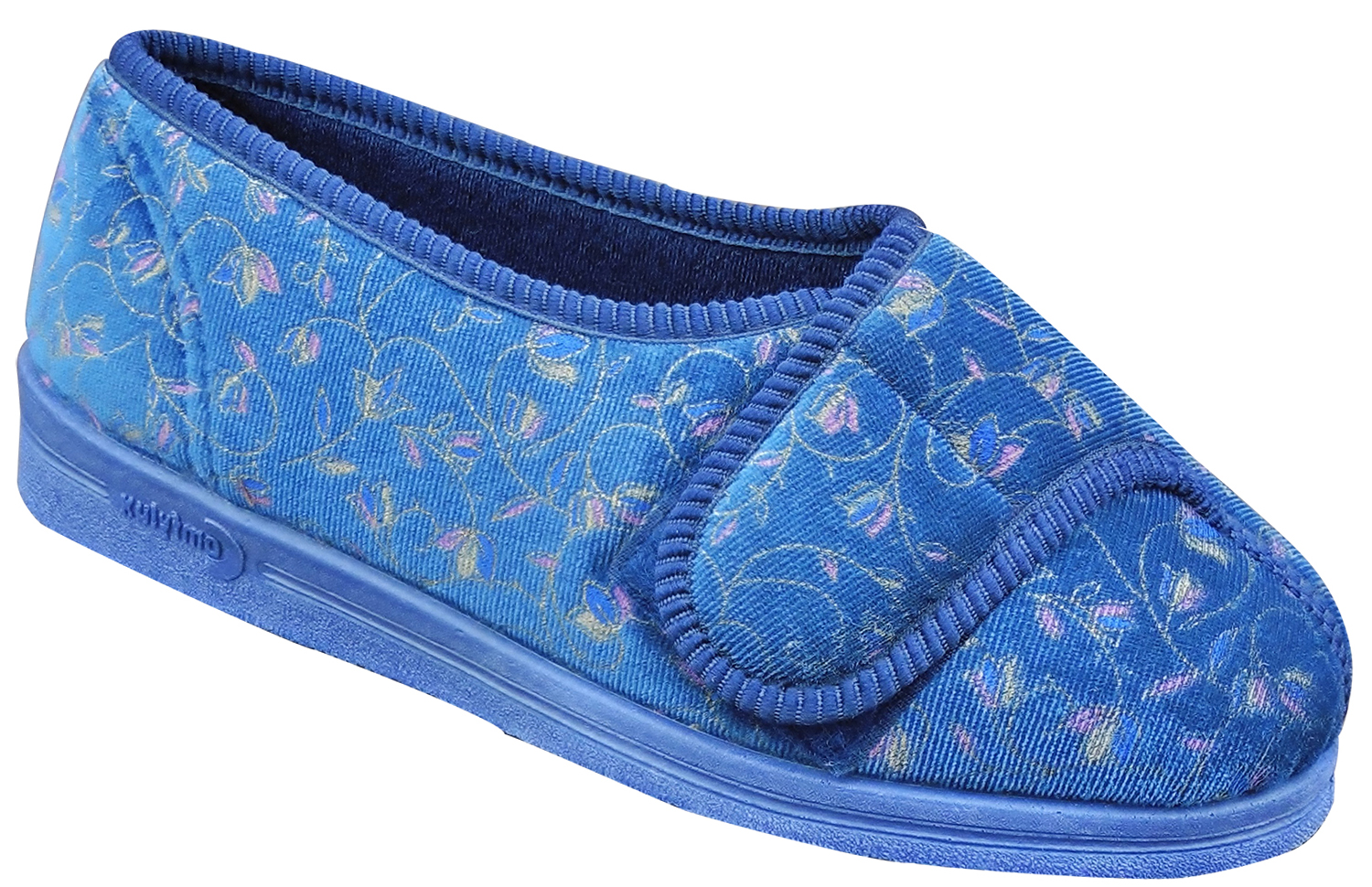 Comfylux HELEN Women's Blue Floral Super Wide Adjustable Strap Washable Slippers 